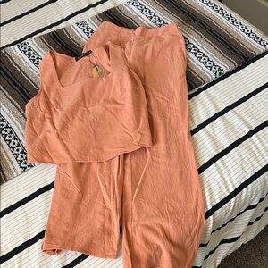 Peach Linen Two-Piece Set - Sleeveless Top & Wide Pants